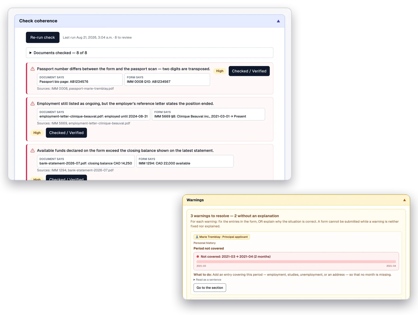 The coherence check: three high-severity findings — a transposed passport number, an employment still marked ongoing, funds above the closing balance — each with “Document says” and “Form says”; over it, the warnings panel with a period not covered, 2021-03 to 2021-04.