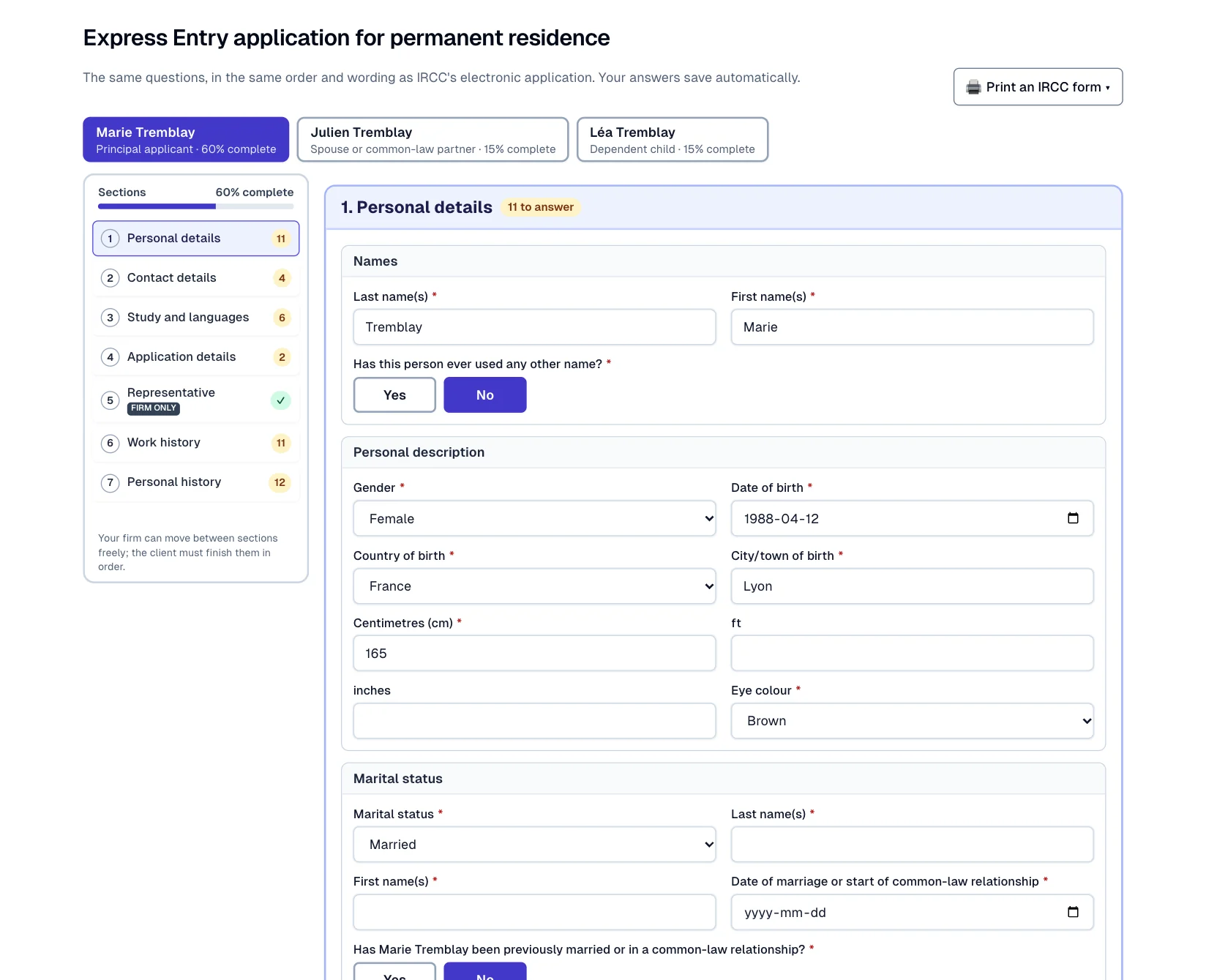 The Express Entry application in Lexova: one tab per family member — Marie, Julien and Léa Tremblay — and IRCC's sections in order, with Marie's personal details.