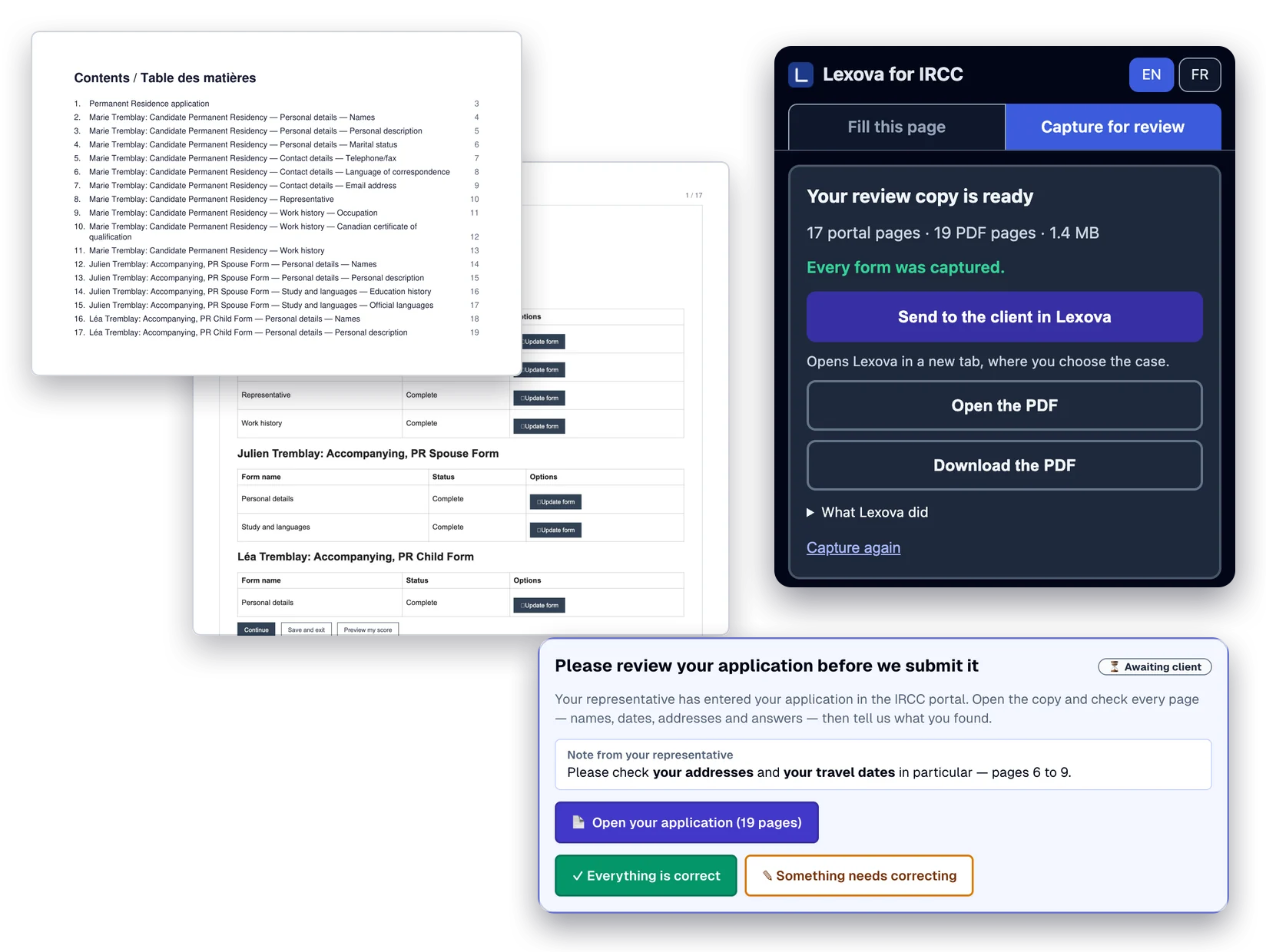 A review copy's table of contents listing every form of Marie, Julien and Léa Tremblay and a captured portal page; the side panel “Your review copy is ready — Every form was captured”; and the client's card in Lexova with “Everything is correct” and “Something needs correcting”.